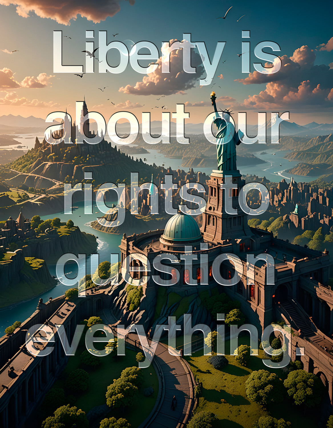 This is an AI generated image of a fictional landscape with the Statue of Liberty in it. On top of the image is the prompt that was used to generate the image. It was written by Ai Weiwei.