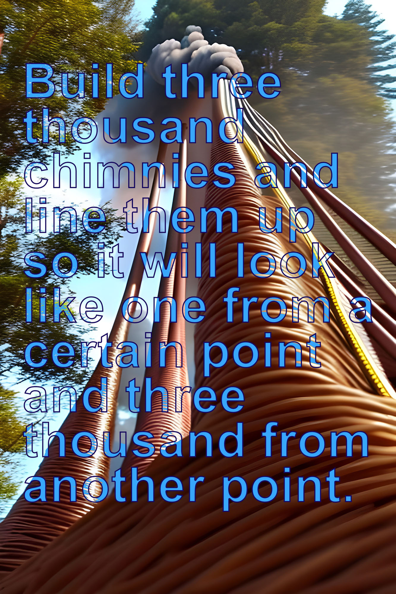This AI generated image features an organic smokestack with the text prompt layered on top.