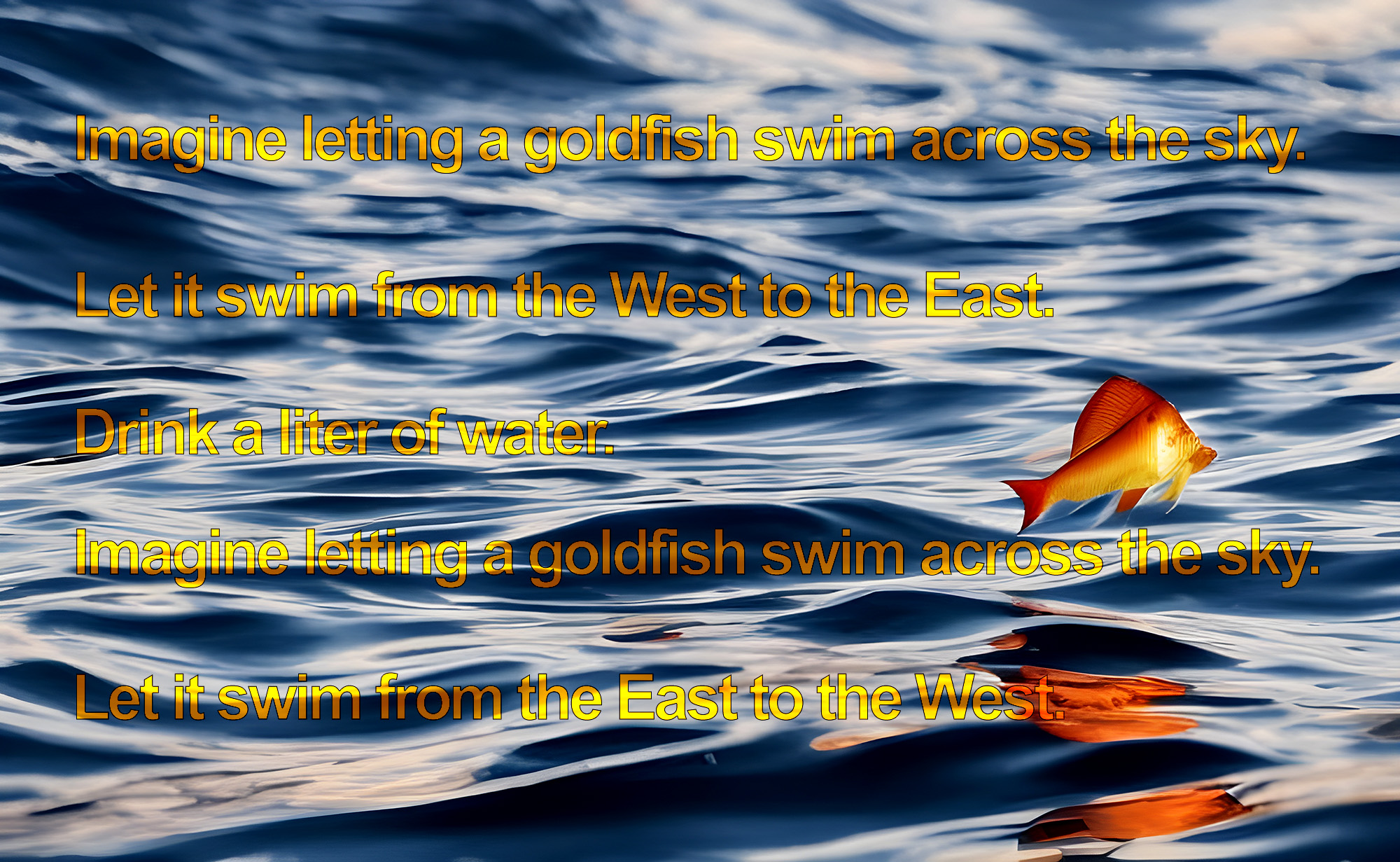 This image shows a goldfish hovering above rippled water, with the prompt in orange letters in front.